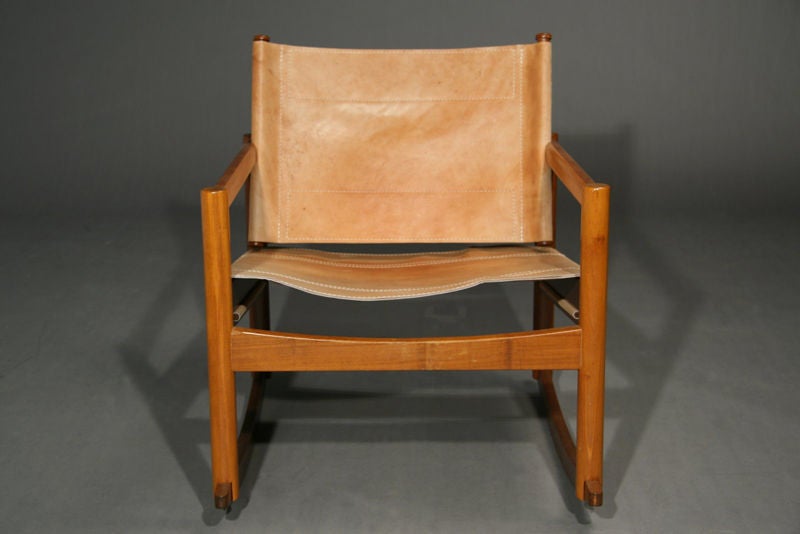 Mid-20th Century Stitched leather sling rocking chair by Michel Arnoult