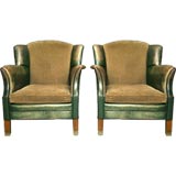 Pair of aged green leather and mohair Scandinavian chairs