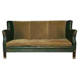 Aged green leather and mohair Scandinavian sofa