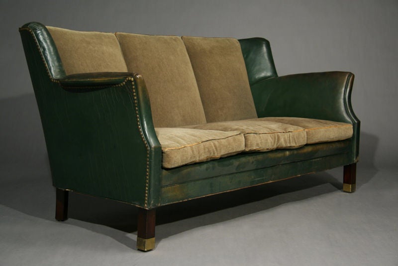 Aged green leather and mohair Scandinavian sofa
