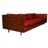 Rosewood and red leather case sofa by Milo Baughman