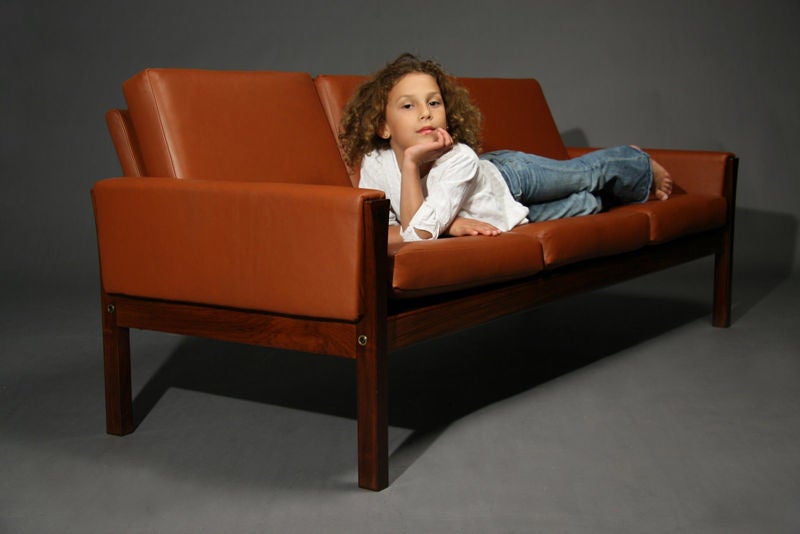 Rosewood and brick leather sofa by Hans Wegner