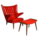 Red leather Papa Bear chair by Hans Wegner