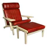 GE 375 red leather lounge chair & ottoman by Hans Wegner