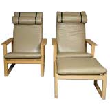 Pair of tan leather lounge chairs & ottoman by Borge Mogensen