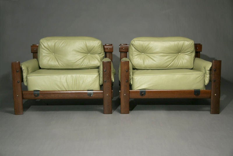 Pair of Brazilian Green Leather and Exotic Wood Armchairs