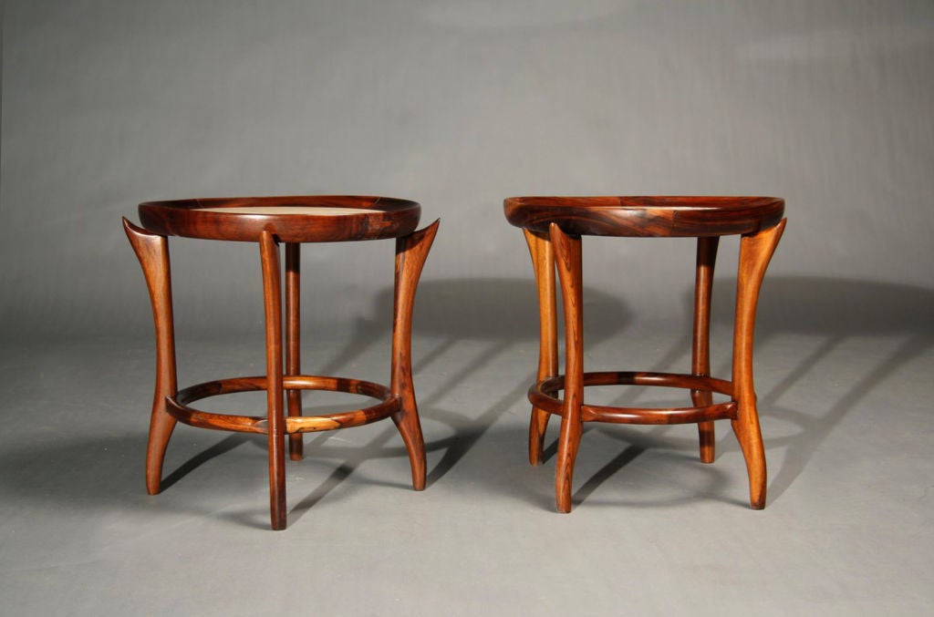 Pair of Brazilian caviuna and inset marble side tables