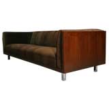 Varnished walnut and chocolate mohair sofa by Milo Baughman