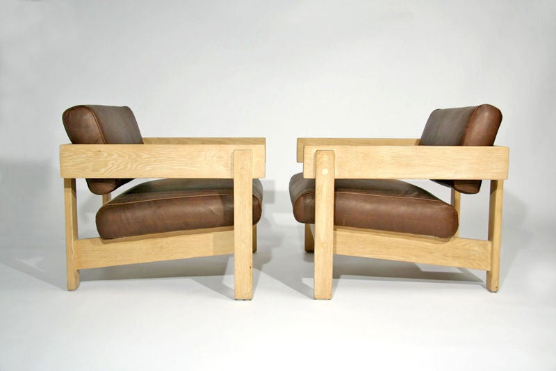 Solid bleached oak frame lounge chairs with leather cushions. See separate listing with matching sofa. Seat depth: 22