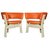 Pair of orange leather bleached oak Danish barrel chairs