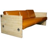 Orange leather and bleached oak sofa by Milo Baughman