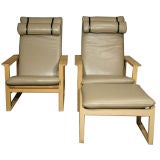 Pair of tan leather lounge chairs and ottoman by Borge Mogensen