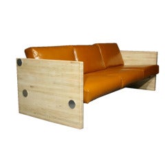 Used Orange leather and bleached oak sofa by Milo Baughman
