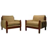 Pair of Brazilian exotic wood and tan suede arm chairs
