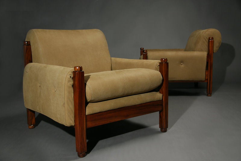 Suede Pair of Brazilian exotic wood and tan suede arm chairs