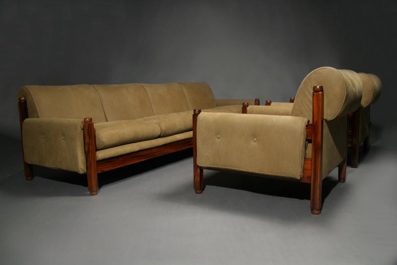 Pair of Brazilian exotic wood and tan suede arm chairs 4