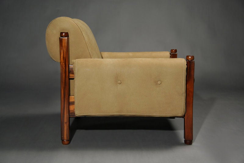 Pair of Brazilian exotic wood and tan suede arm chairs 1