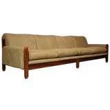 Brazilian exotic wood and tan suede sofa