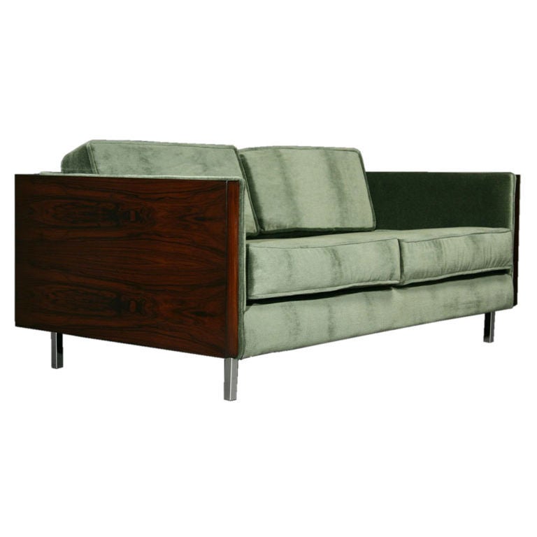 Rosewood and Green Mohair Case Settee by Milo Baughman