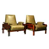 Pair of rosewood and green leather arm chairs, Brazil