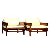 Pair of exotic wood and cream linen arm chairs