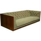 Tufted fabric and walnut case sofa by Milo Baughman