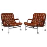 Bruno Mathsson pair of leather arm chairs