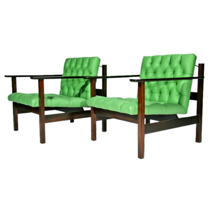 Pair of Brazilian rosewood micro tufted leather armchairs