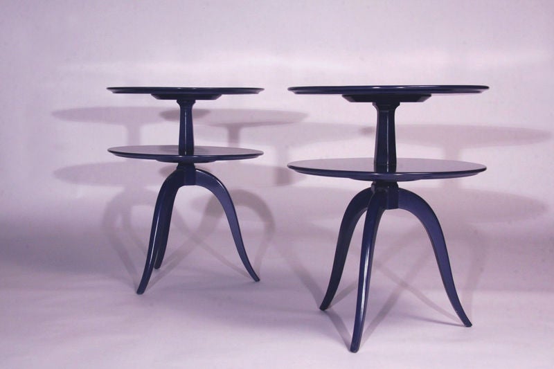 Pair of blue lacquered tiered round side tables by Paul Frankl