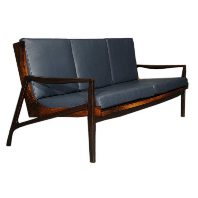 Brazilian rosewood and leather cushion slat back sofa