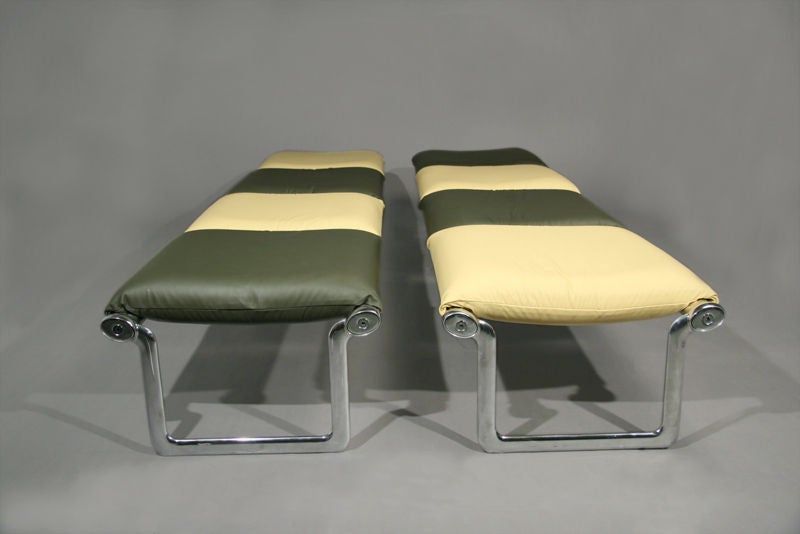 Two long benches with green and cream leather cushions on chrome legs and frame and by Knoll.

Many pieces are stored in our warehouse, so please click CONTACT DEALER under our logo below to find out if the pieces you are interested in seeing are