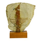 Signed sculptural resin light sculpture with wood base