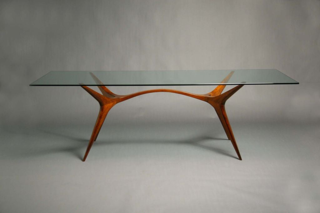 Brazilian Sculpted exotic wood and glass dining table by Scapinelli