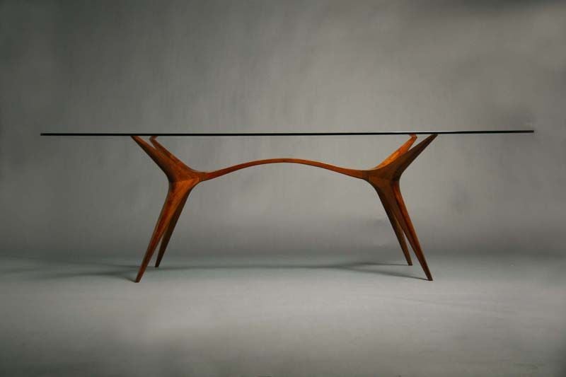 Sculpted exotic wood and glass dining table by Scapinelli 1
