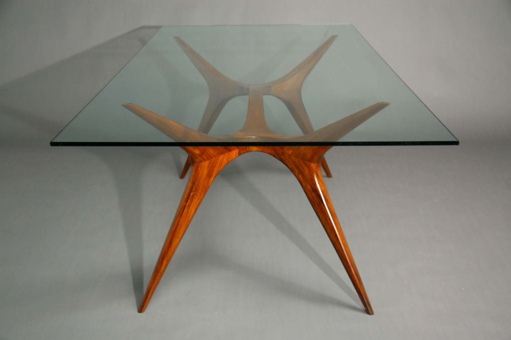 Sculpted exotic wood and glass dining table by Scapinelli 4