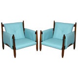 Pair of Brazilian exotic hardwood and blue leather lounge chairs