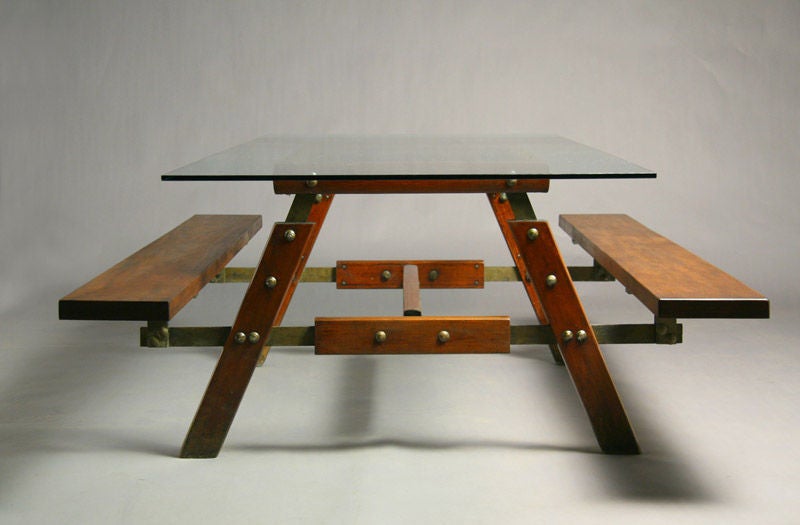 Bronze Exotic Wood And Glass Picnic Table By Sergio Rodrigues