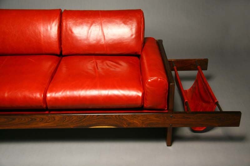 Brazilian Rosewood and Red Leather Settee with Floating Ends by Celina