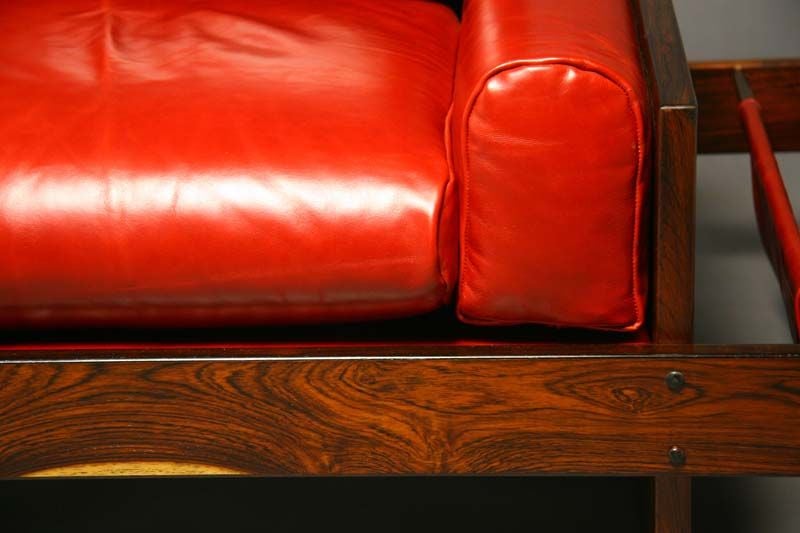 Rosewood and Red Leather Settee with Floating Ends by Celina In Good Condition In Hollywood, CA