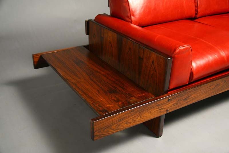Rosewood and Red Leather Settee with Floating Ends by Celina 1