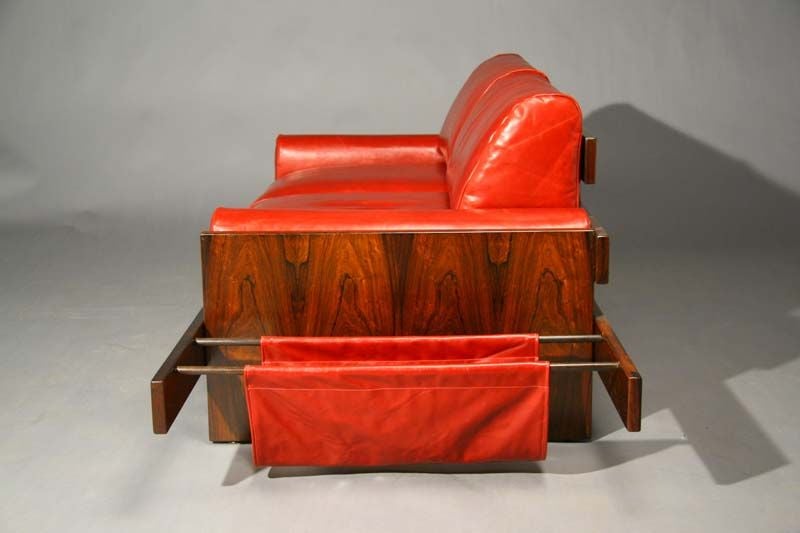 Rosewood and Red Leather Settee with Floating Ends by Celina 2