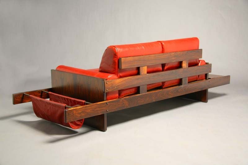 Rosewood and Red Leather Settee with Floating Ends by Celina 3
