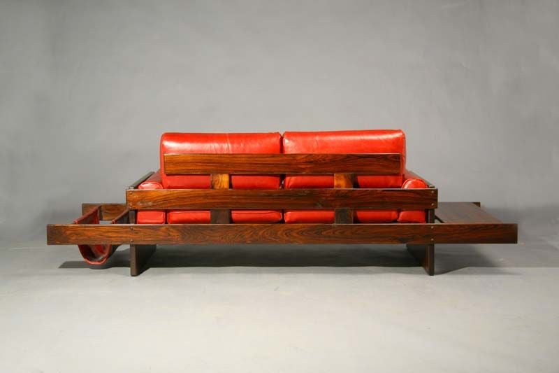 Rosewood and Red Leather Settee with Floating Ends by Celina 4