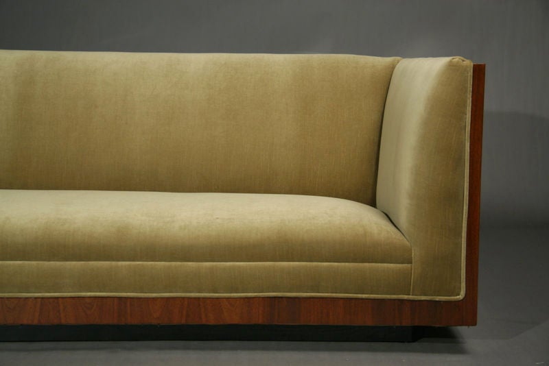 American Walnut and mohair case sofa by Milo Baughman