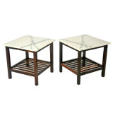 Pair of rosewood slat marble top side tables