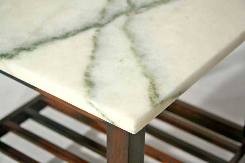 Pair of rosewood slat marble top side tables