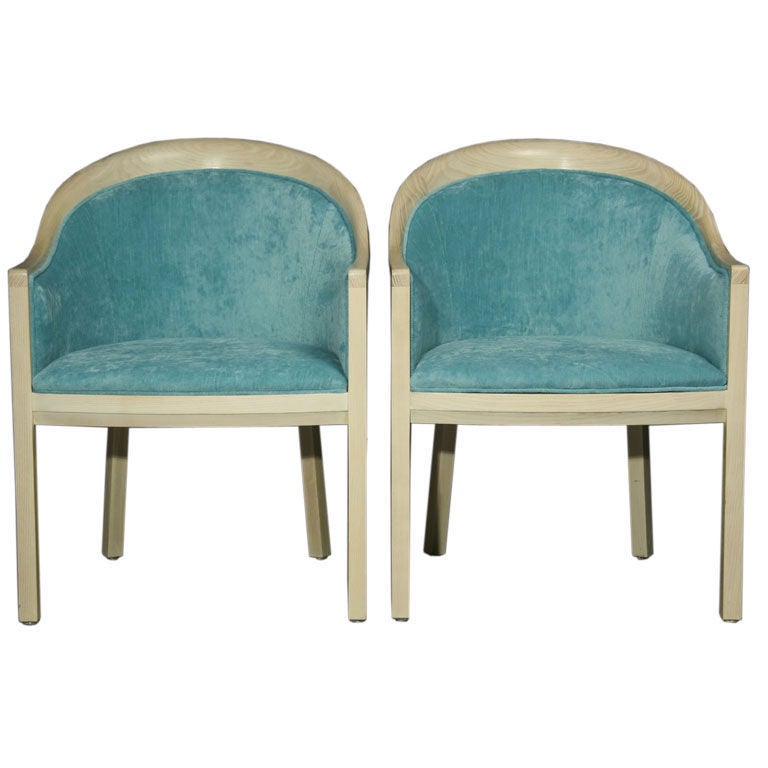 Pair of bleached oak curved arm chairs by Ward Bennett