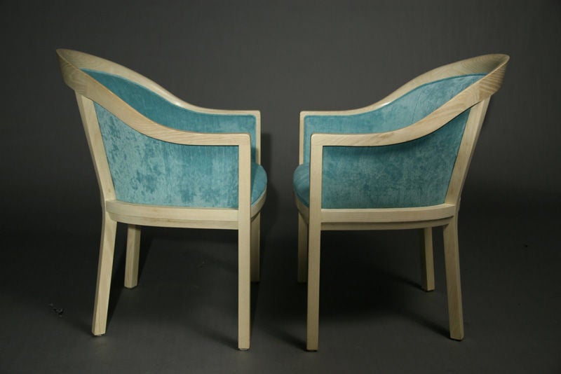 American Pair of bleached oak curved arm chairs by Ward Bennett