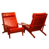 Pair of red on red GE375 lounge chairs by Hans Wegner
