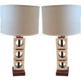 Pair of marble and wood lamps